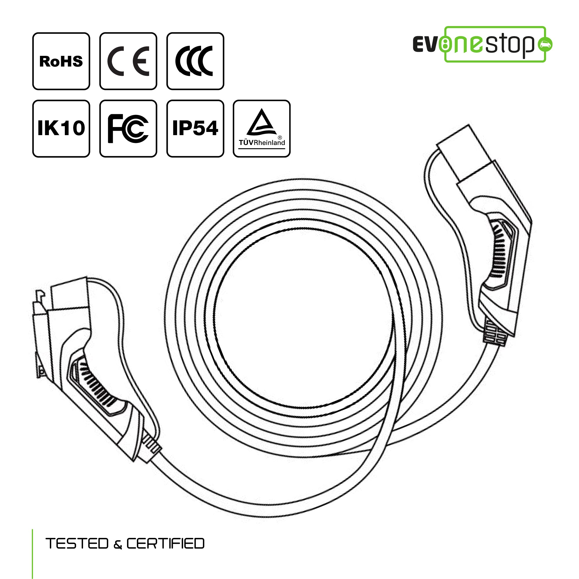 EV Public Charging Cable | Type 1 to Type 2 | 16/32 Amp  | 3.6/7.2 kW | 5/10 Metre |